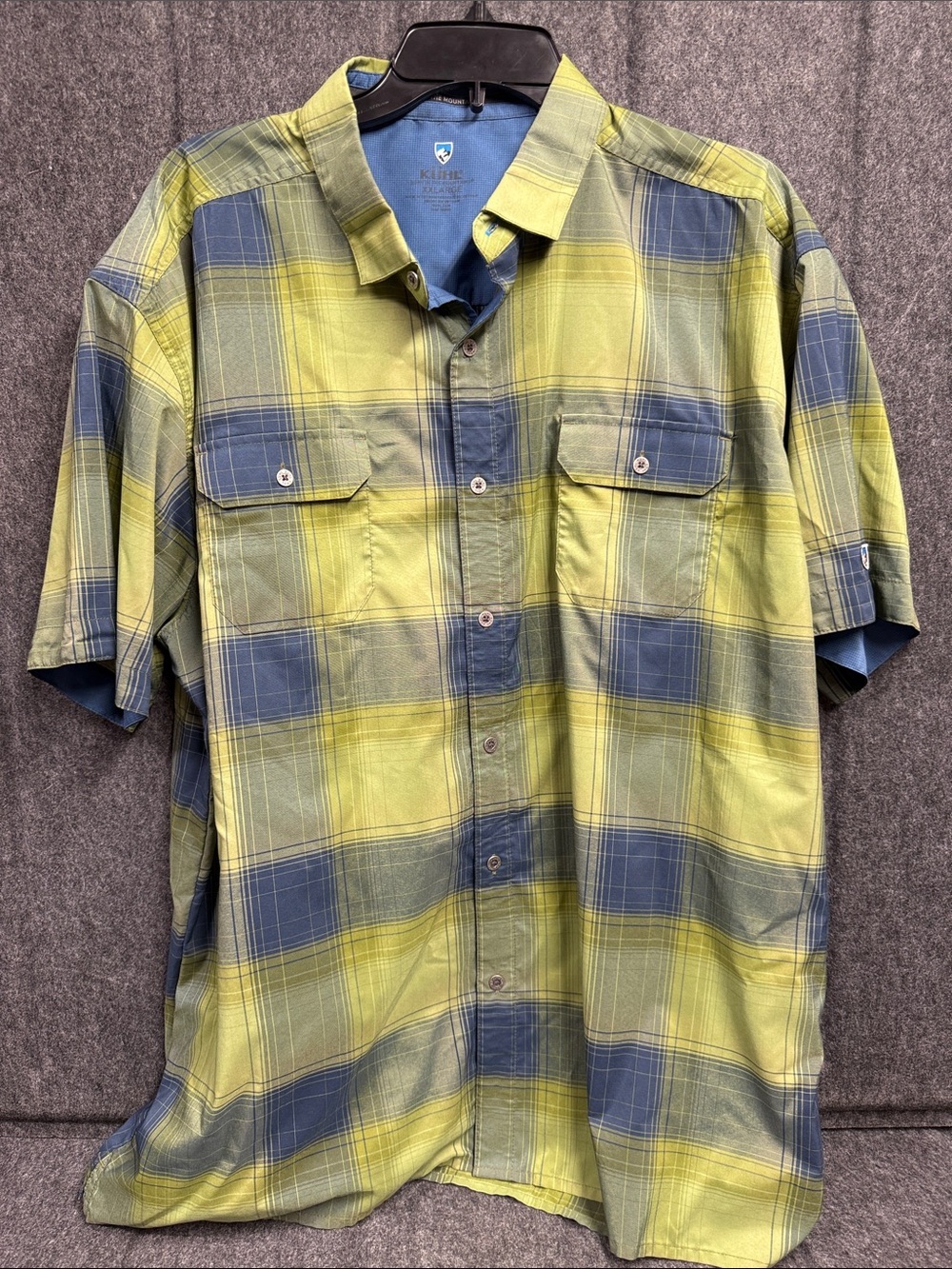 Kuhl Short-Sleeve Plaid Button-Down Shirt in Lime and Blue